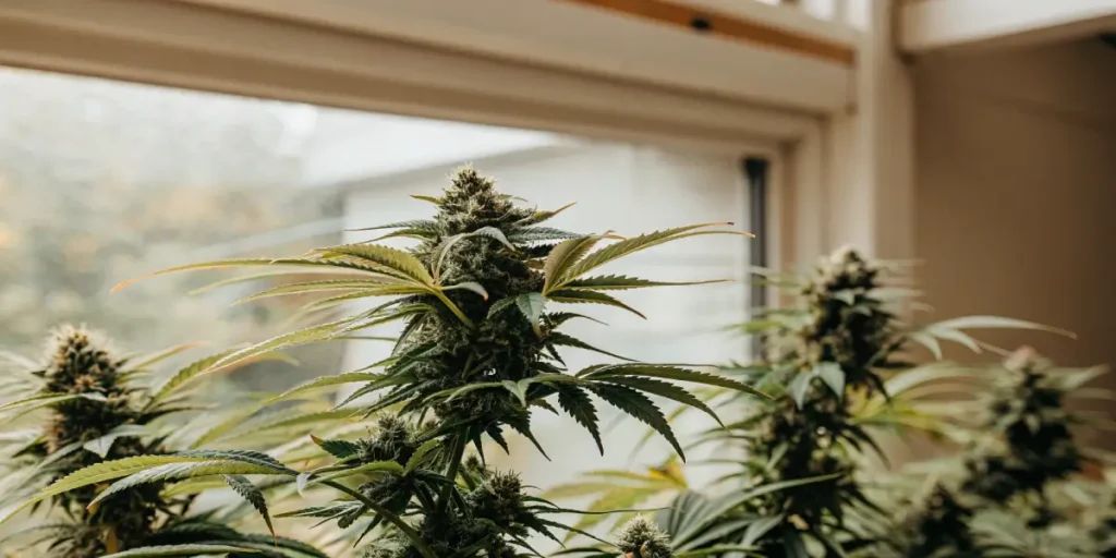 Plante de cannabis en floraison avec des bourgeons denses, photographiée à l’intérieur d’une serre lumineuse.