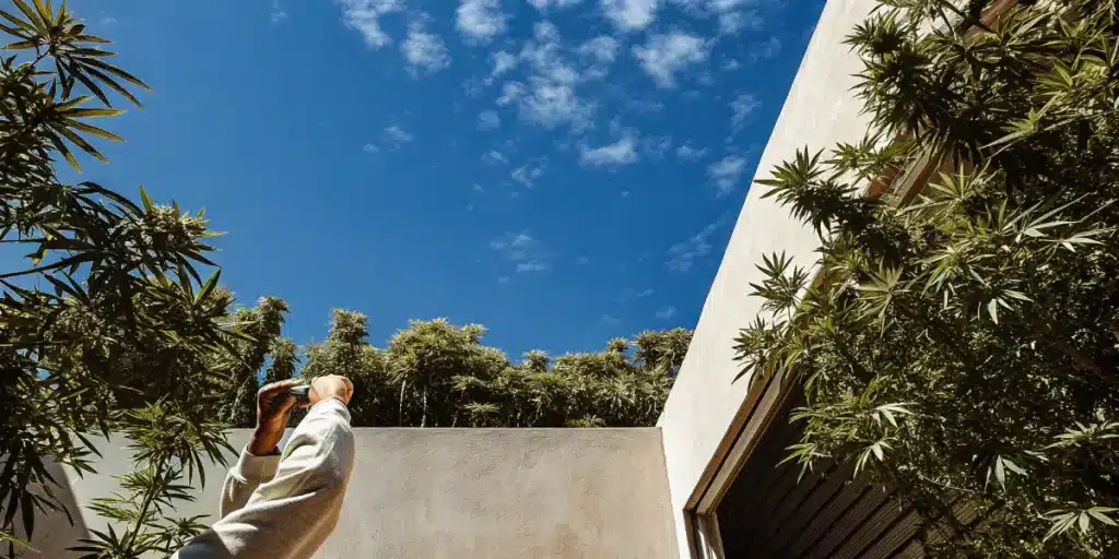 Close-up of gardener’s hands gently pruning cannabis plant leaves outdoors.