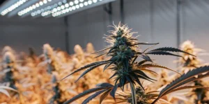 Close-up of a cannabis plant under LED grow lights in an indoor grow room.