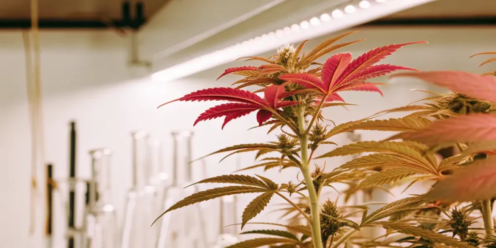 cannabis plant with red leaves growing indoors in a scientific laboratory under artificial light