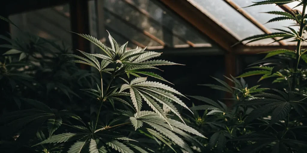 Close-up view of cannabis plants thriving under natural sunlight inside a greenhouse.