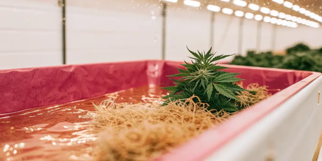 Cannabis en culture hydroponique dans un bac avec racines immergées et lumière LED.