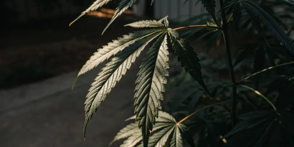 Dark green cannabis leaf captured in natural light outdoors.