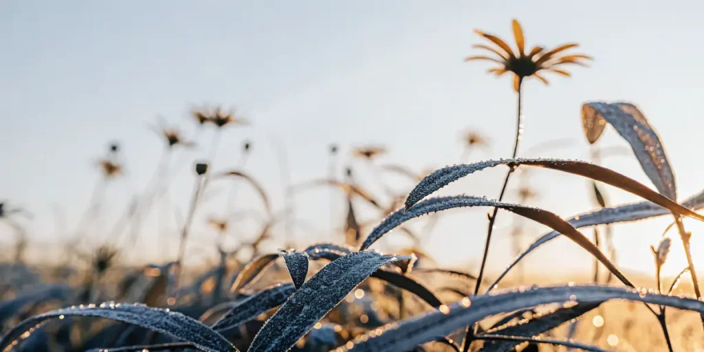 Sunflower plants covered in morning frost under a clear sky at sunrise.