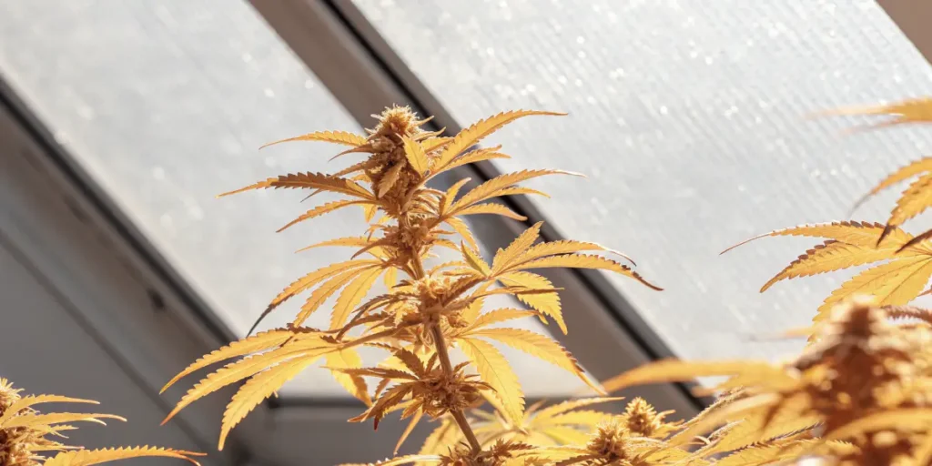 Golden cannabis plant with dense buds growing under greenhouse sunlight.