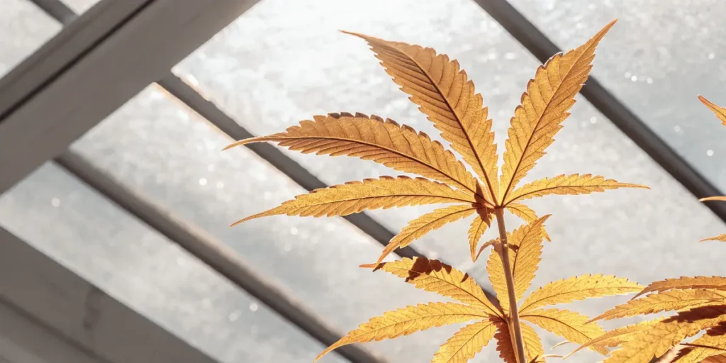 Golden cannabis leaf illuminated by natural sunlight inside a greenhouse.