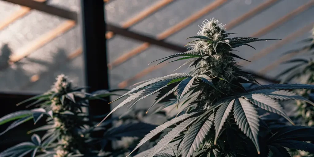 Close-up of a vibrant cannabis plant growing inside a greenhouse.