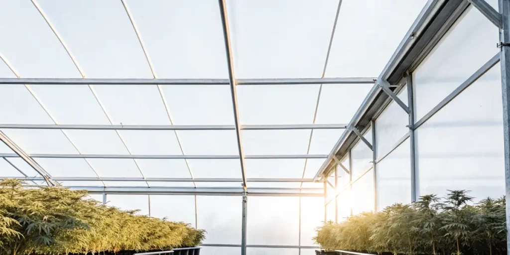 Wide view of a greenhouse filled with rows of cannabis plants.