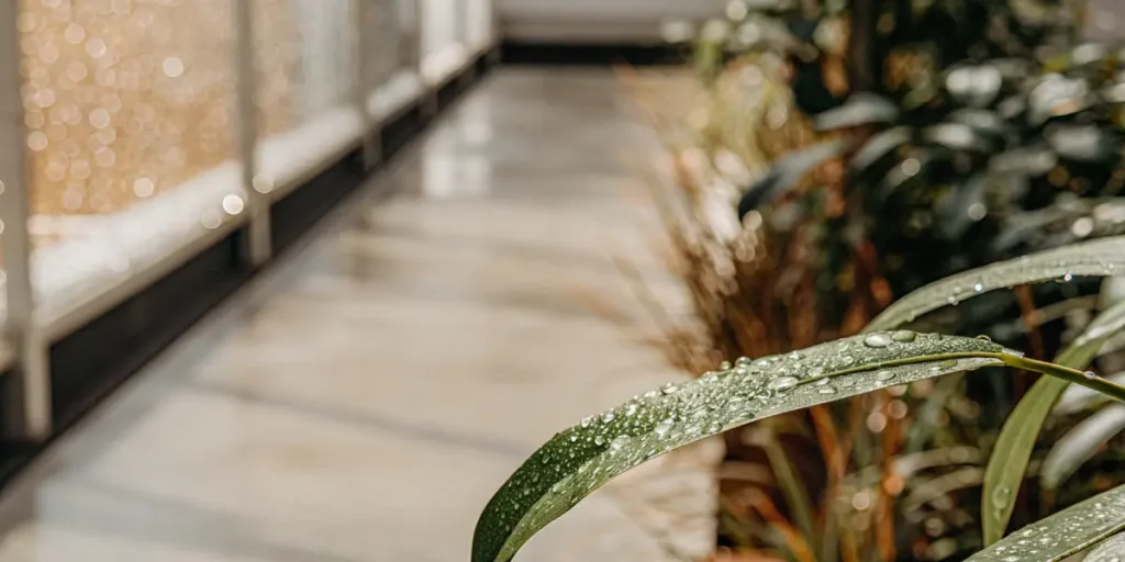 Green leaf with water drops inside a greenhouse corridor under soft natural light.
