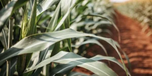 Close-up view of a lush cornfield with green leaves under summer sunlight.