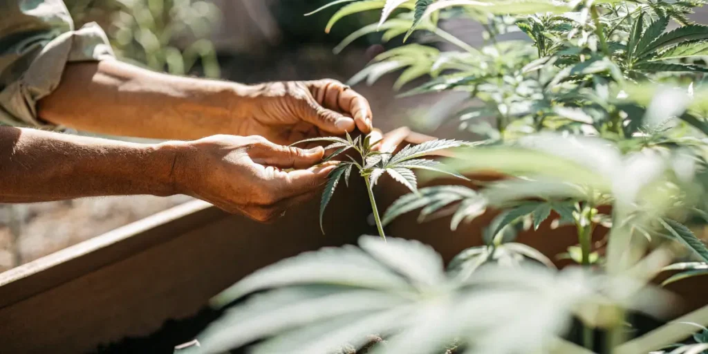 Gardener’s hands adjusting leaves of an outdoor cannabis plant in a wooden planter.