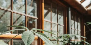 Gros plan d’une feuille de plante observée sous microscope avec lumière naturelle en arrière-plan.