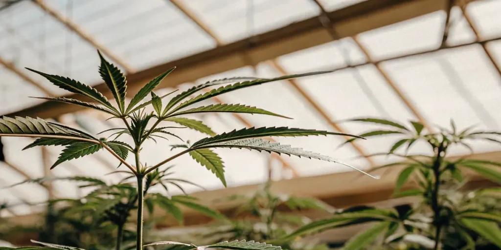 Vue aérienne d’une plante de cannabis baignée de lumière naturelle dans une serre en bois.