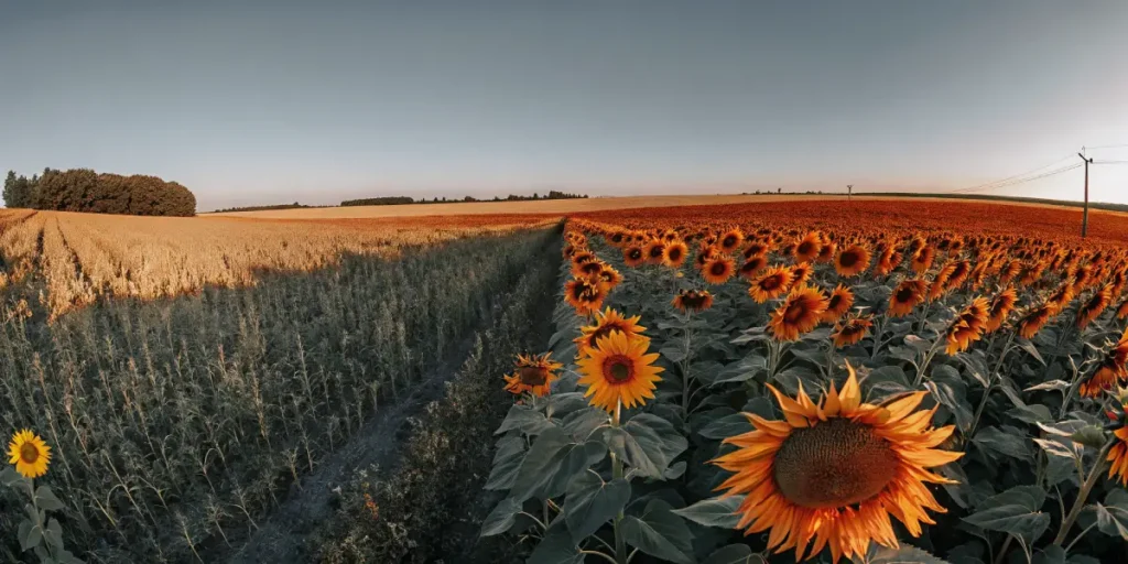 Champ de tournesols au lever du soleil sous un ciel clair.