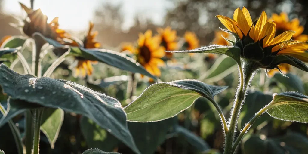 Close-up view of sunflower field at dawn with dew-covered leaves glistening under soft morning sunlight.