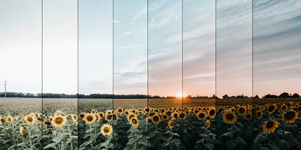 Time-lapse of a sunflower field at sunrise transitioning through different stages of light.
