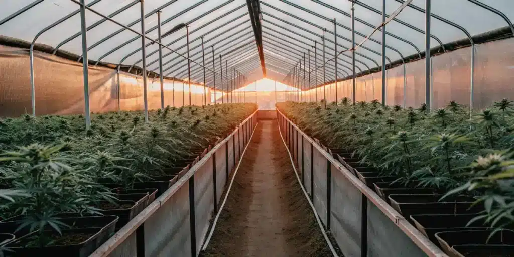 wide shot of a sunlit greenhouse filled with rows of cannabis plants at sunset
