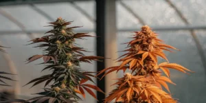 Two cannabis plants with contrasting orange and purple leaves in a greenhouse.
