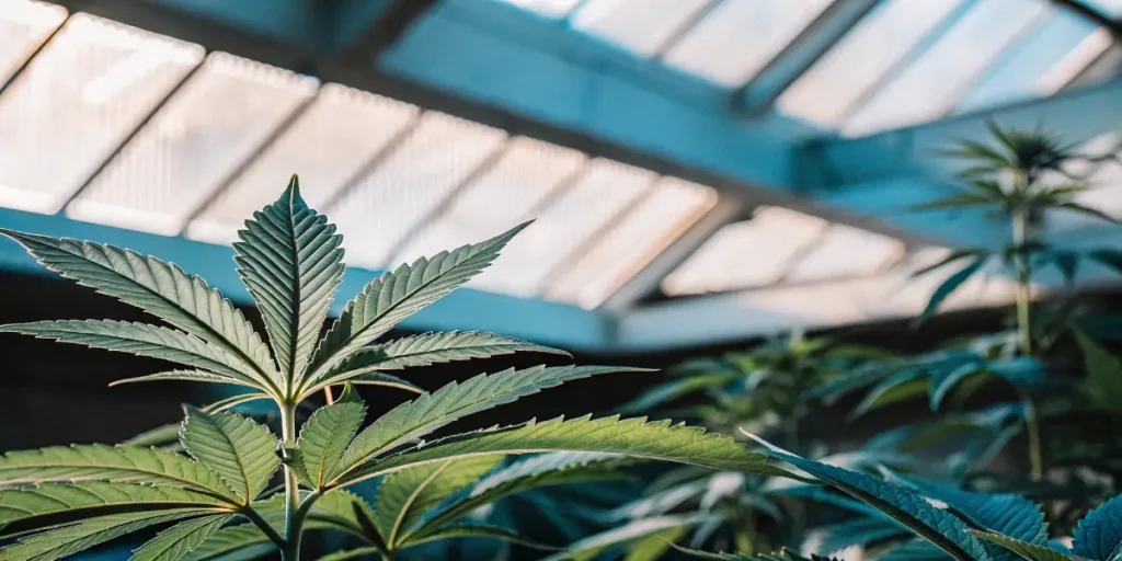 Healthy cannabis plants under greenhouse lighting with vibrant green leaves.
