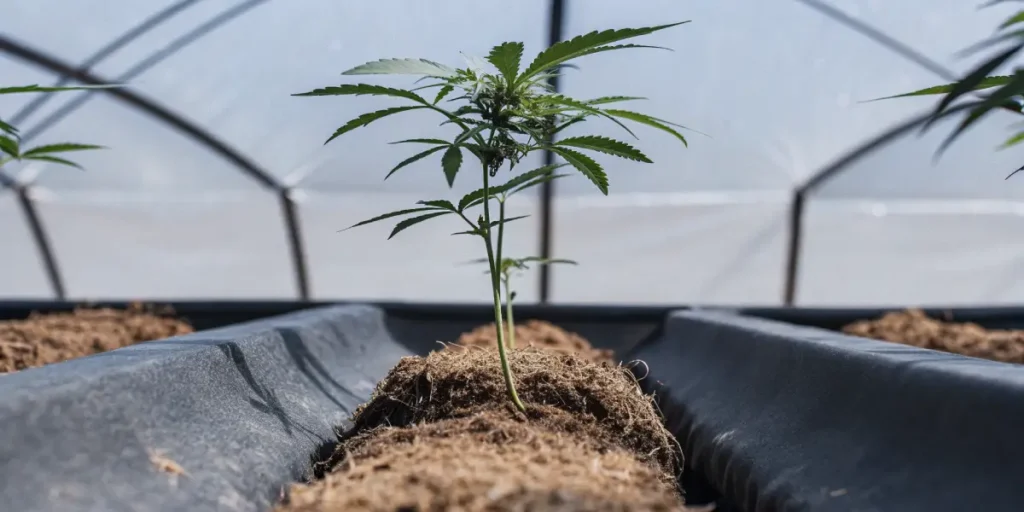 Young cannabis plant growing in soil bed inside greenhouse tunnel
