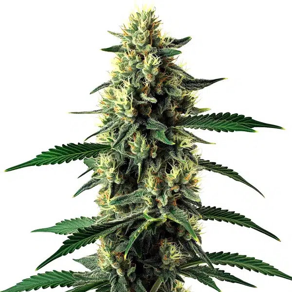 Auto Candy Cane Mango cannabis bud macro shot with sugary trichomes and bright orange hairs.