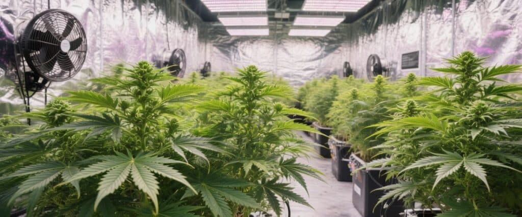 Cannabis cultivation room with LED lighting, ventilation fans, and hydroponic setup.