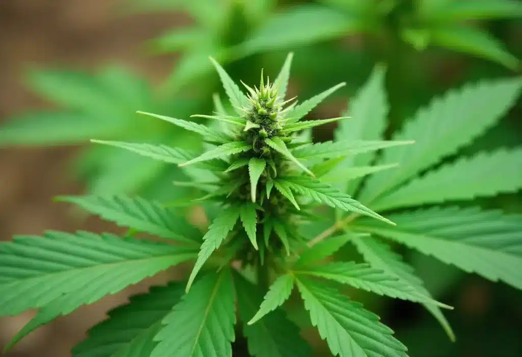 Early Skunk bud in flowering stage, showcasing dense structure, skunky aroma, and rich resin production ideal for cultivation.