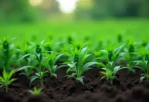 Frosted Guava Auto seedlings thriving in rich outdoor soil.