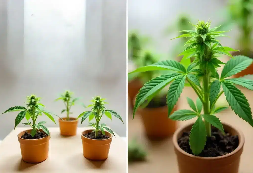 Healthy Fire OG cannabis seedlings growing in small pots with natural light.