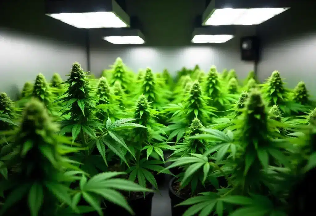 Forbidden Zkittlez plants thriving in a controlled environment. Perfect for cultivators aiming for dense, aromatic harvests with premium THC levels.