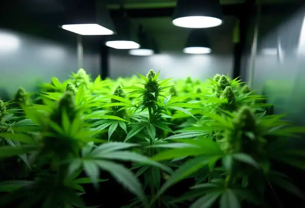 Fro-Yo Auto cannabis plants under full-spectrum LED lighting. Ideal indoor setup enhances trichome production and terpene profile of this autoflower strain.