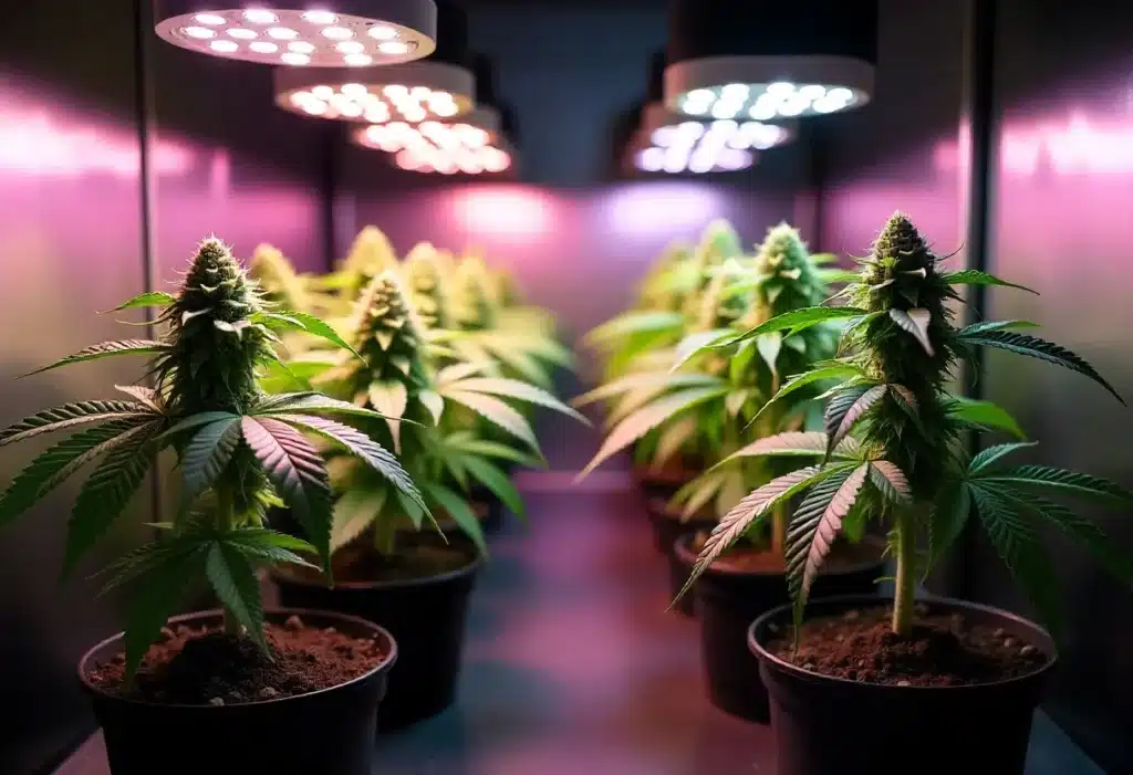 Fully developed Frosted Guava Auto plants in indoor pots, blooming under optimized LED lighting to enhance trichome density and aroma.