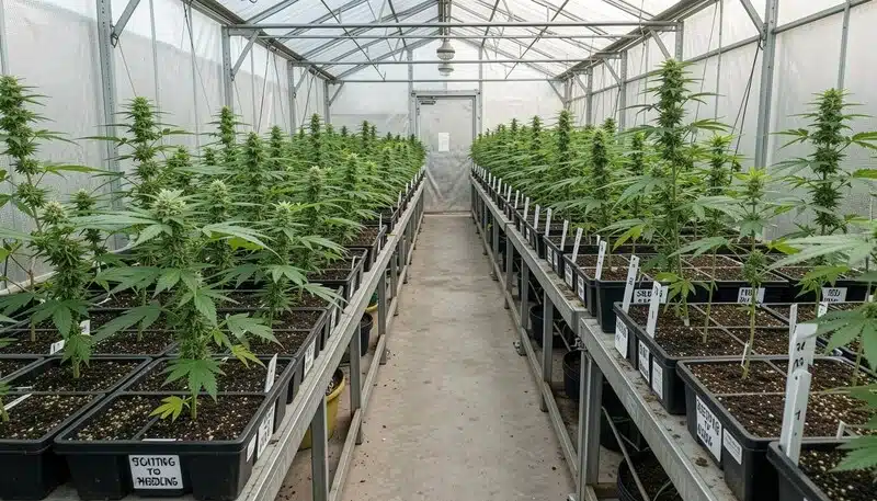 Frosted Guava cannabis plants in a high-efficiency indoor grow room under purple LED lights, showcasing dense and resin-coated colas.