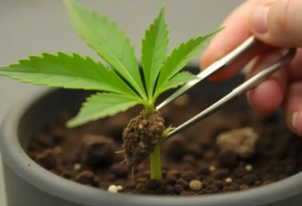 Early-stage G13 x Nebula seedling showing vigorous root formation. Perfect hybrid for growers seeking resilient and high-yielding genetics.