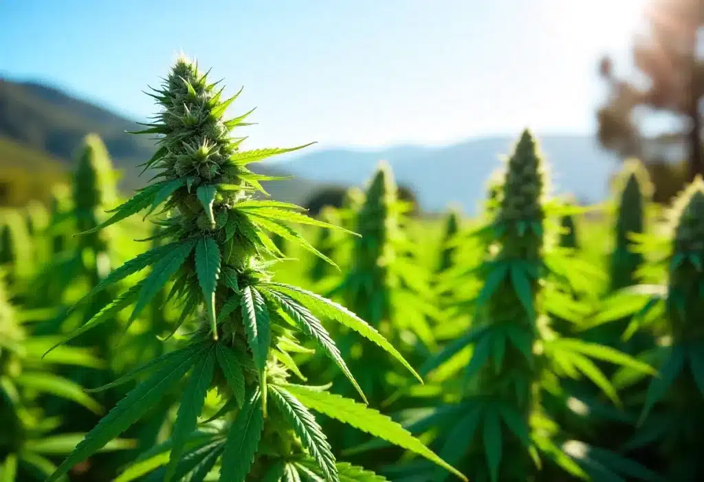 G13 x OG Kush thriving in outdoor fields with intense sun and altitude. Dense buds and resinous growth in full bloom phase. Ideal for warm climates.