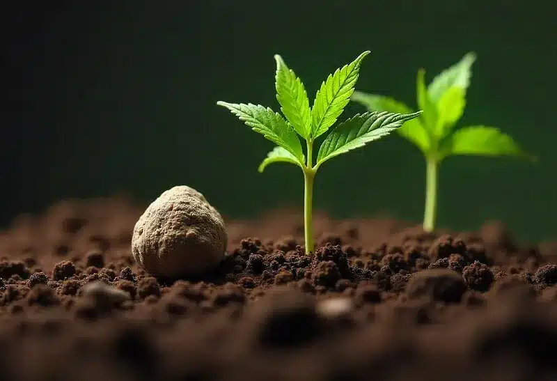 Early-stage Gelato x Rosetta Stone seedling sprouting in rich soil, promising strong growth and top-tier hybrid traits from germination.