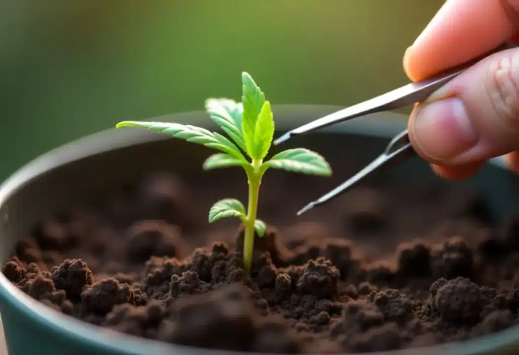 A freshly sprouted God’s Gift seedling in its first growth phase, handled with precision for healthy development and strong rooting.