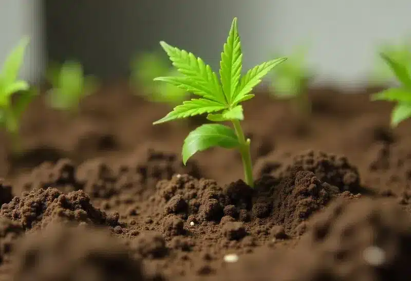 Sprouting phase of Girl Scout Cookies x Blue Head Band seeds in nutrient-rich soil first step toward a high-yield, flavorful cannabis crop.