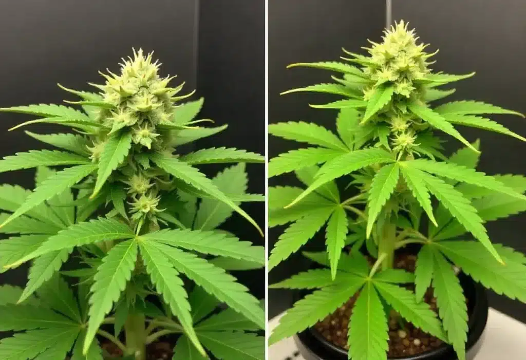 The compact, bushy growth of Girl Scout Cookies x Kush in early bloom under controlled indoor conditions for maximum resin production.