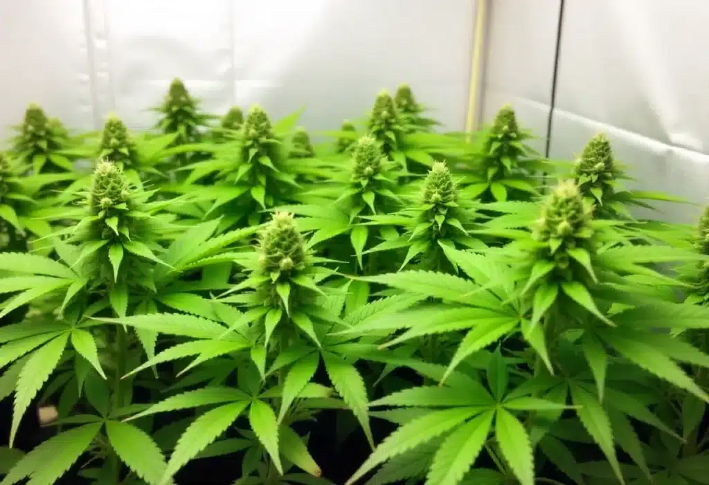 Multiple Girl Scout Cookies x Kush plants growing uniformly in a Sea of Green (SOG) indoor setup, maximizing space and yield efficiently.