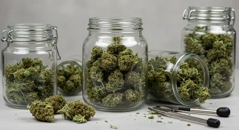 Haze CBD (1:1) buds preserved in airtight jars, maintaining their citrus aroma, therapeutic profile, and 1:1 balance of cannabinoids.