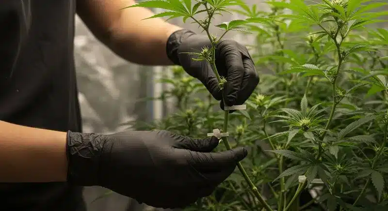 Haze CBD (1:1) plants being trained indoors for even canopy development, maximizing airflow and resin production in balanced CBD:THC genetics.