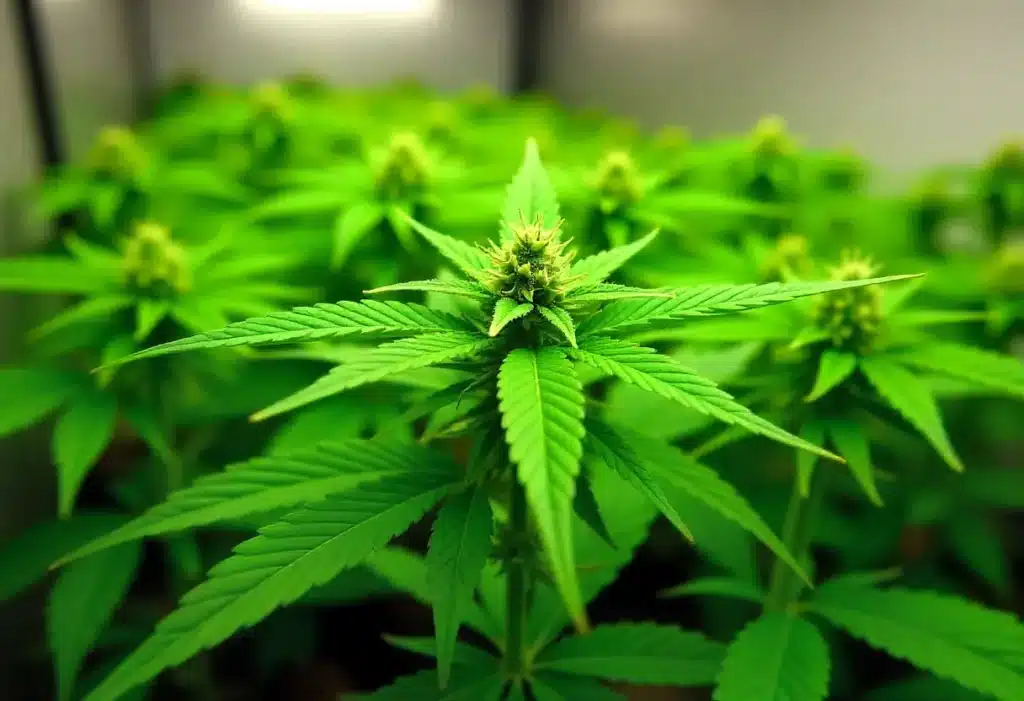 Rows of Early Skunk x Northern Lights plants thriving under controlled light. Perfect for growers seeking resilience, high yields, and rich flavor.