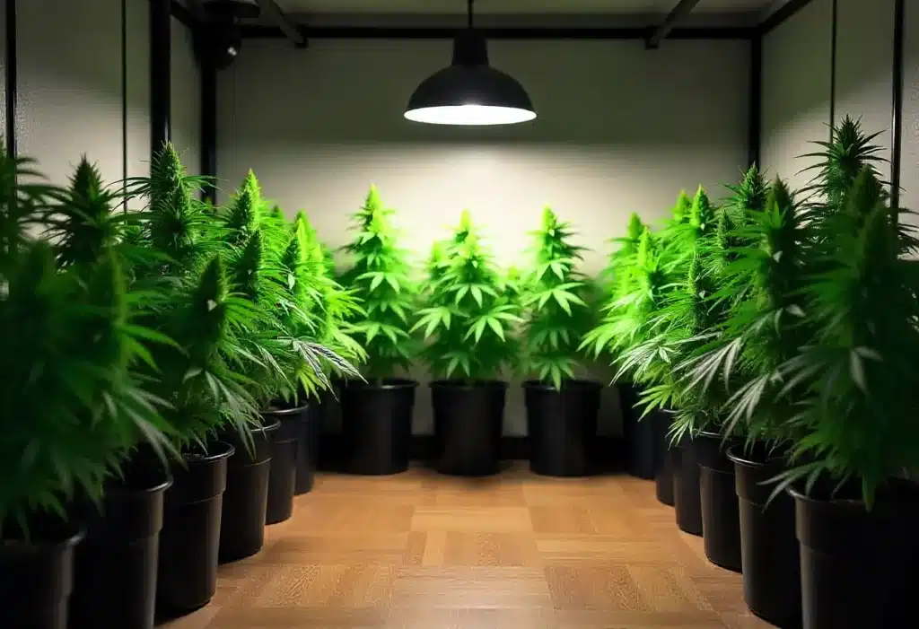 Indoor cultivation of Early Skunk x Cinderella 99, producing heavy resin, fast flowering and reliable harvests under controlled light conditions.