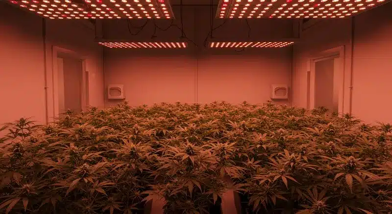 Jilly Bean Regular growing indoors under LED panels, showing strong plant structure and abundant buds with high terpene production.