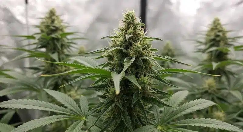 Lemon Jack Autoflower plant showing dense, resinous buds and bright green leaves, thriving indoors with fast flowering genetics.