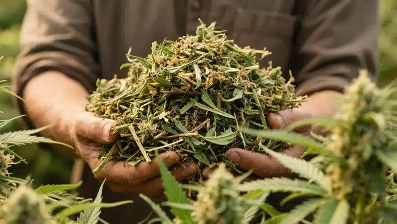 Hands holding a large pile of freshly trimmed Lemon Jack Autoflower buds, rich in aroma and resin, ready for curing and storage.