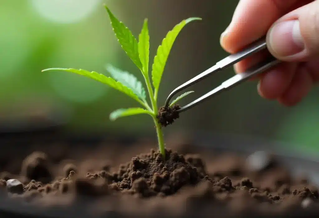 G13 x OG Kush seedling being transplanted in early stage.
