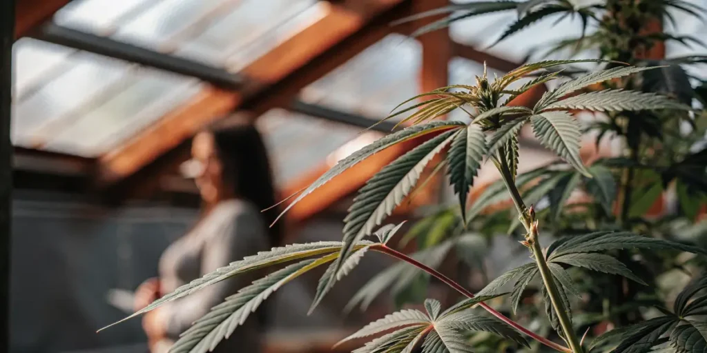 close-up of a marijuana plant showing yellowing leaves under greenhouse light
