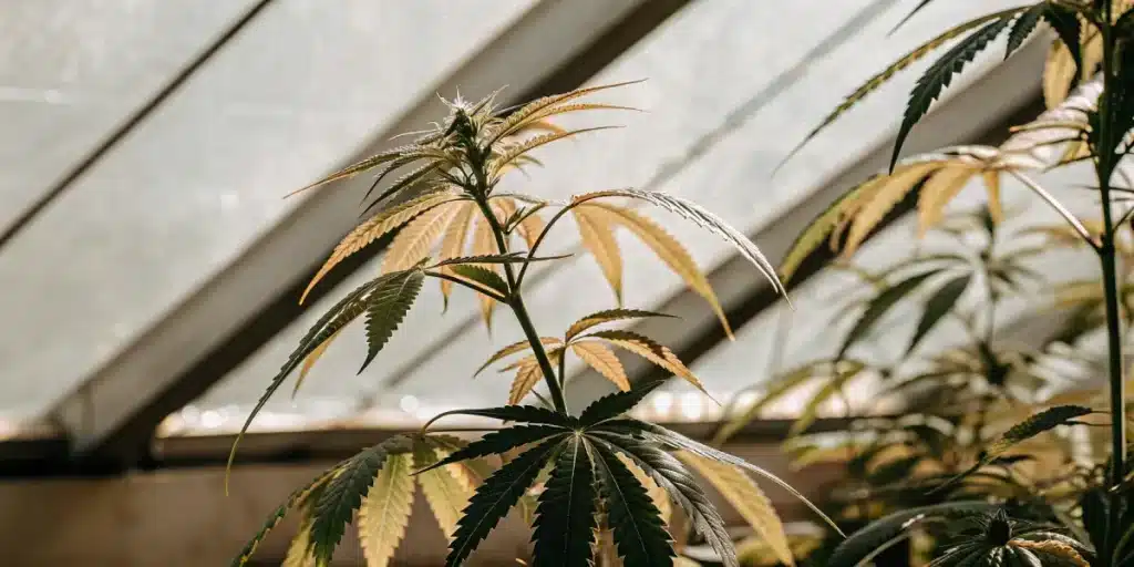 cannabis plant with yellowing and green leaves in controlled greenhouse environment